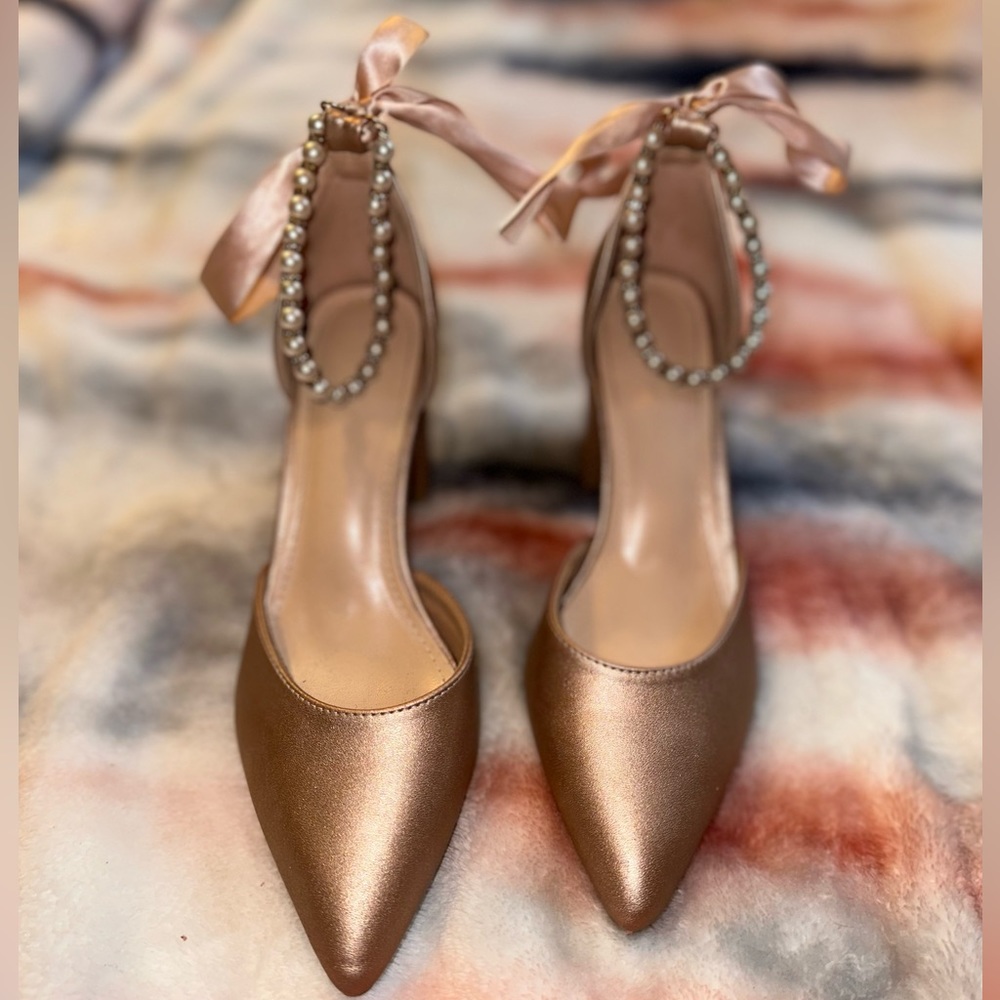 Champagne Pearl Ankle Block Heels